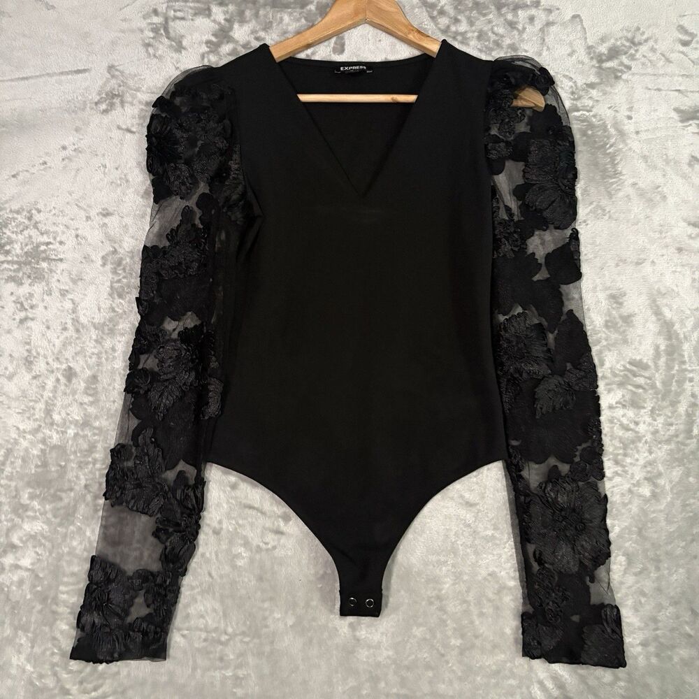 Express Black Body Suit Puff Mesh Sleeve Floral Embroidered Design Size XS